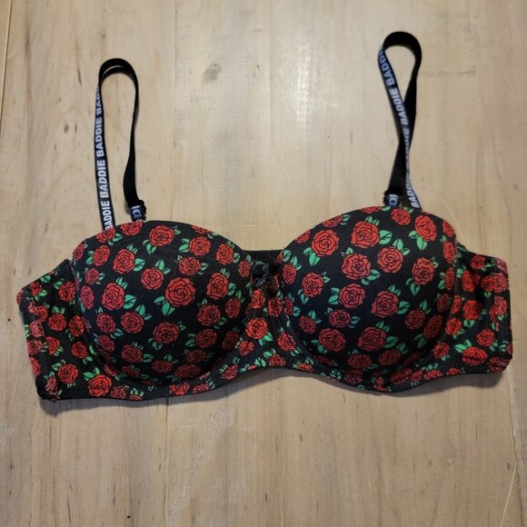 Always A Flirt Push Up Underwire Bra Black Red Roses 36B BADDIE - Picture 1 of 6